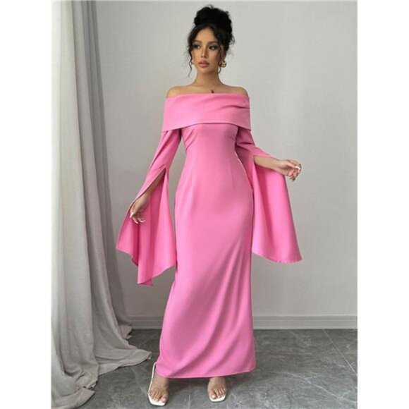 Asymmetric Sleeve Ruffle Detail Off-Shoulder Elegant Dress Maxi Women Outfit - Picture 4 of 6